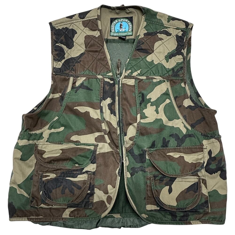 Vintage Master Sportsman Hunting Vest Mens XL Green Woodland Camo Zip Up Outdoor